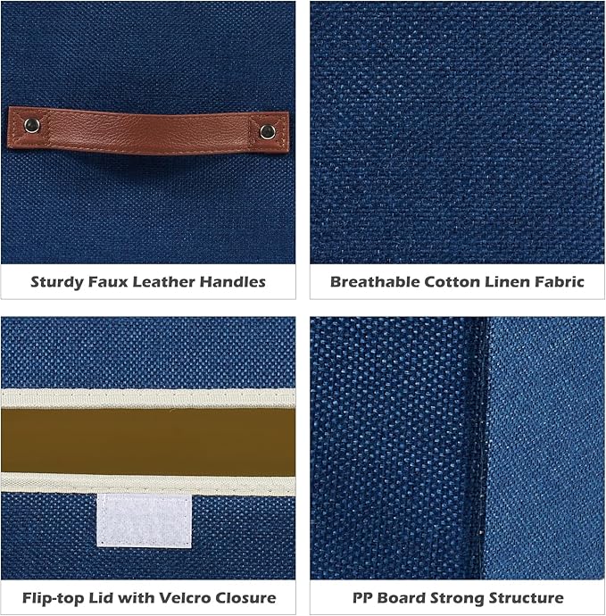 2PCS Storage Cubes with Lid Fabric Bins Boxes PU Leather Handles Cotton Linen Closet Organizer Container Decorative Foldable Washable Shelf Cloth Basket (Flip-top Lid, Deep Blue, 11in)-NeatNest