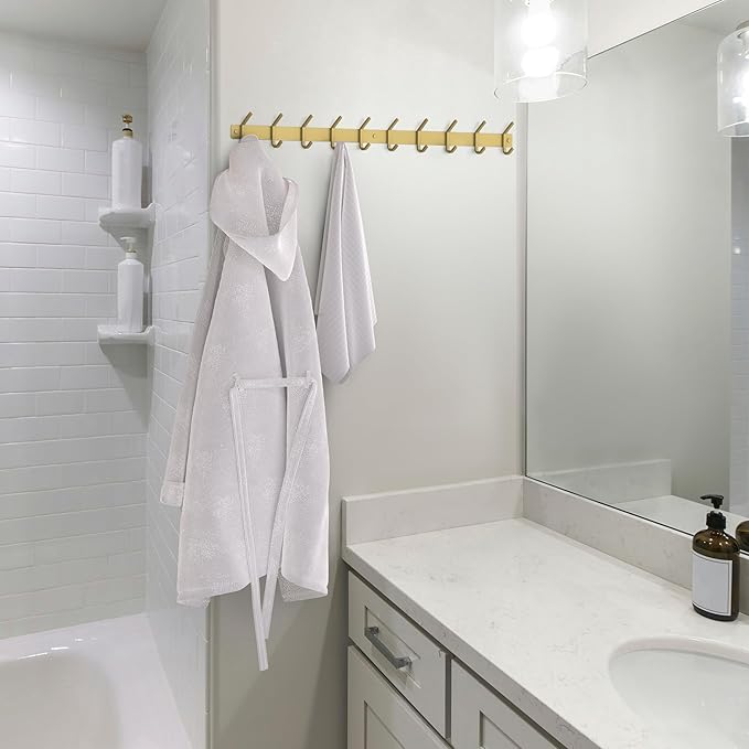 Brushed Gold Wall Mounted Coat Rack – 30 Inch Stainless Steel Rail with 10 Double Coat Hooks for Entryway, Bathroom, Bedroom, Kitchen – Modern Gold Hook Rack for Coats, Hats, Towels-NeatNest