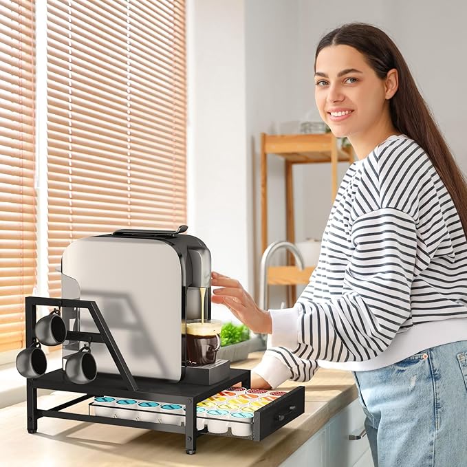 K Cup Holder Drawer - K Cup Storage Organizer, Coffee Pod Drawer with Hooks, Durable Iron-Wood Design, Space-Saving Coffee Station Organizer for Kitchen Counter-NeatNest