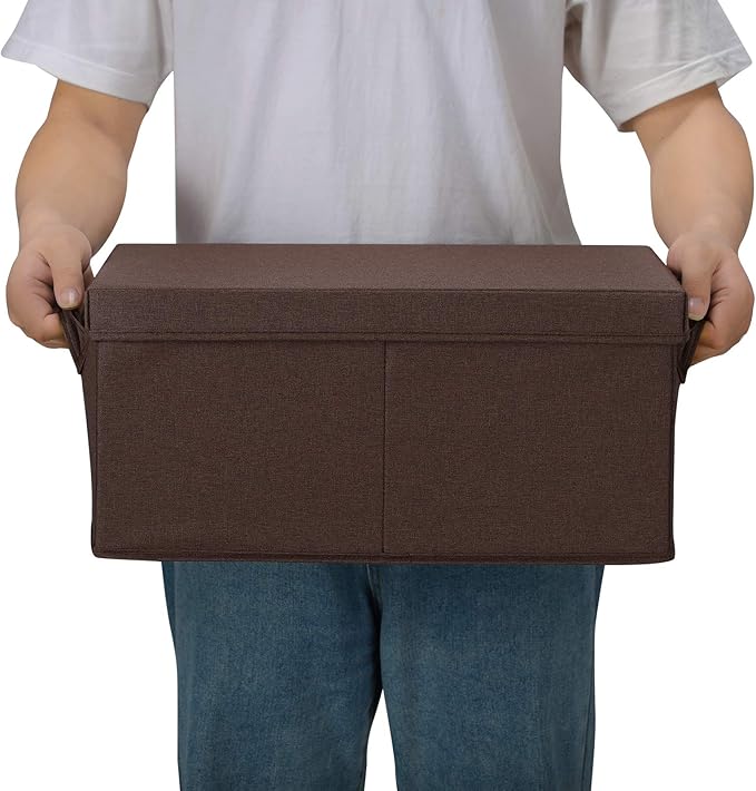 HOONEX Linen Foldable Storage Bins with Lids, 2 Pack, Storage Boxes with Carrying Handles and Sturdy Heavy Cardboard, 16.5" L x 11.8" W x 7.5" H for Shoes, Clothes, Brown-NeatNest