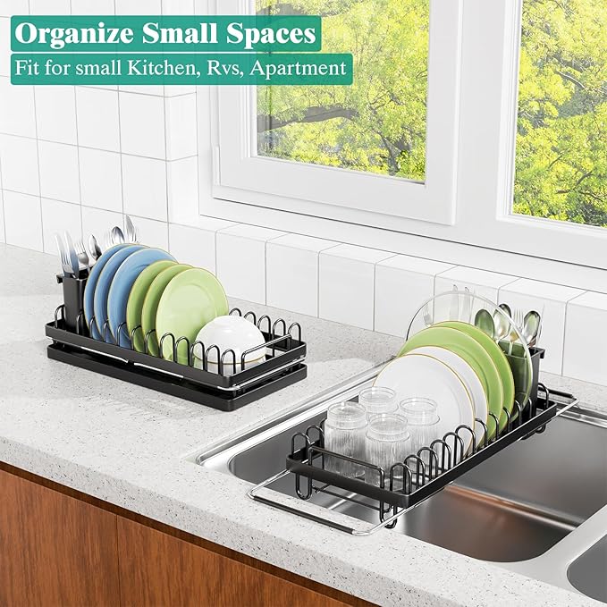 Giwil Small Sink Drying Rack, Compact Dish Rack with Silicone Mat for Kitchen Counter, Expandable Rustproof Dish Drying Rack Used Over Sink, in Sink & on Countertop, Black