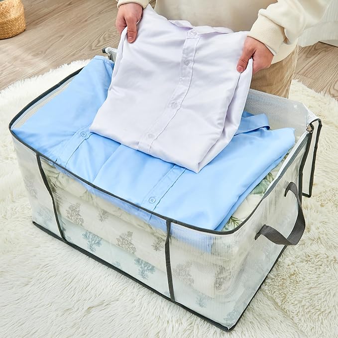 80L Clear Large Storage Bag, Clothes Storage Containers for Organizing Closet, Bedroom, Underbed, Comforters, Clothing, Blankets, Pillow, Foldable Organizer with Sturdy Handle and Zippers (4)-NeatNest