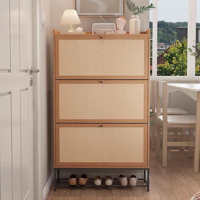 AVZEAR Narrow Shoe Storage Cabinet with 3 Flip Drawers, Freestanding Shoe Organizer Wooden Closed Shoe Rack, Slim Shoe Cabinet Storage for Entryway, Hallway, Living Room (Natural)-NeatNest