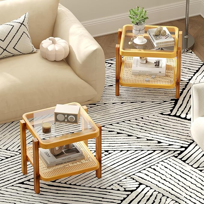 GOFLAME Rattan End Table Set of 2, Boho Nightstand with Tempered Glass Top, Rattan Storage Shelf, Solid Wood Legs, Sofa Side Accent Table, 2 Tier Glass Side Table for Living Room, Bedroom, Natural