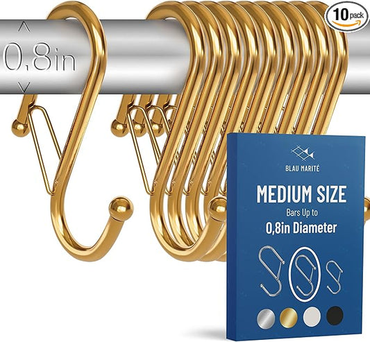 10-Pack Metal S Hooks for Hanging – Heavy-Duty S-Shaped Hook with Safety Buckle – Fits Bars up to 0.8 In – Anti-Drop S-Hooks for Kitchen, Bathroom, Closet & Pot Racks – Gold (Medium)-NeatNest