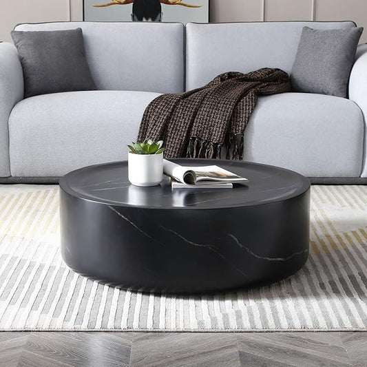 Marble Coffee Table, Modern Round Coffee Table, Circle Drum Coffee Tables, Fiberglass Center End Table for Living Room Apartment Office, No Assembly (31.49" Faux Marble Black)