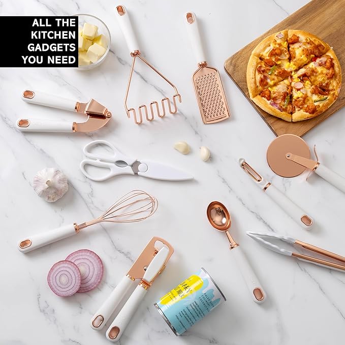 COOK WITH COLOR Kitchen Gadget Set Copper Plated Stainless Steel Utensils with Soft Touch Handles, Copper White, 10 Pieces-NeatNest