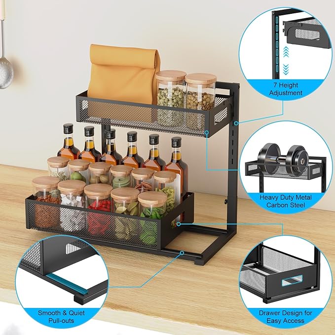 Under Sink Organizer Pull Out Cabinet Organizer Adjustable Height 2 Tier with Sliding Drawers Kitchen Bathroom Organizer and Storage(1pc)-NeatNest