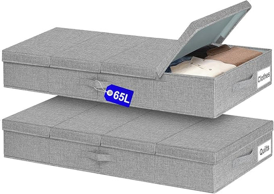 65L Jumbo Under Bed Storage, Underbed Storage Containers With Lids, Extra Large Blanket Storage Bins With Reinforced Handles For Bedroom Organization, Comforter, Clothes, Pillow -2 Pack, Grey-NeatNest