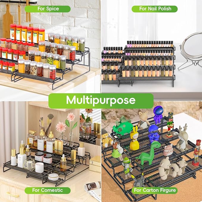 4 Tier Spice Rack Organizer for Inside Cabinet Expandable Display Riser Shelf Seasoning Organizer for Countertop Cupboard Pantry Adjustable Step Storage Holder with Protection Railing (Black, 2PC)-NeatNest