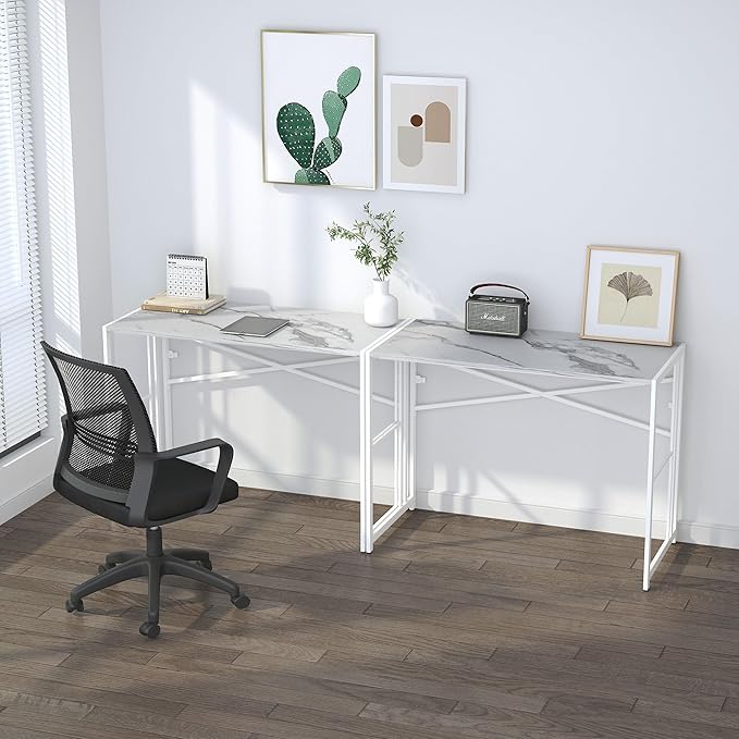 Folding Computer Desk 40 inch Writing Gaming Computer Camping Desk, No Assembly Required Home Office Table, White Marble-NeatNest