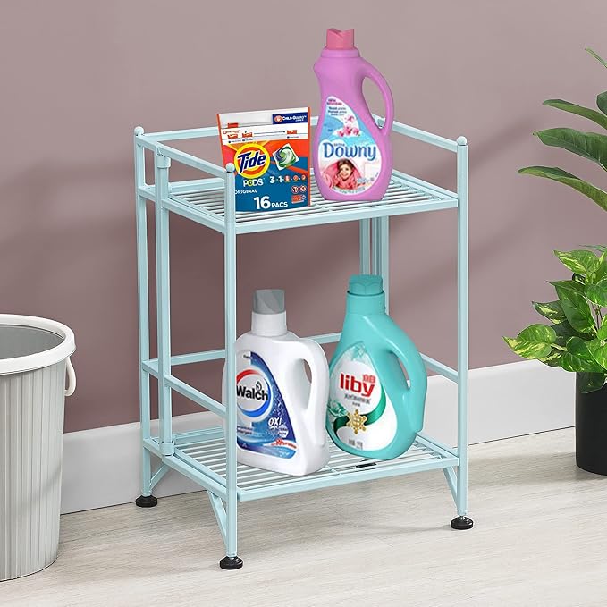 Convenience Concepts Xtra Storage Shelves - 2 Tier Folding Metal Organizer Shelf for Office, Closet, Laundry Room, Garage, Kitchen, Bathroom, & Bedroom, No Tools Assembly, Sea Foam Blue-NeatNest