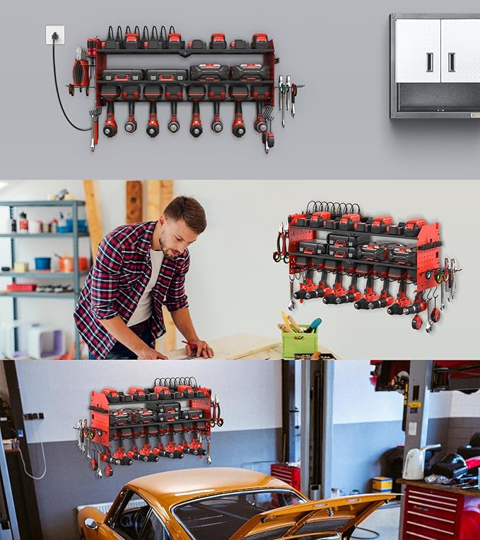JUNNUJ Large Pegboard Power Tool Organizer with Charging Station, 8 Drills Driver and Tools Battery Holder Wall Mount with 8 Outlet Power Strip, Red 3-Layer Shop Garage Storage Utility Rack