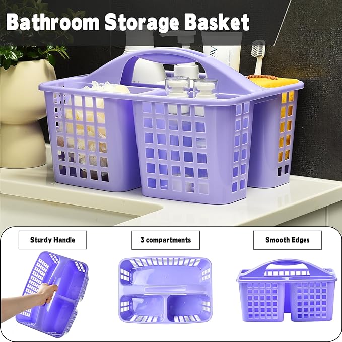 Haundry Plastic Shower Caddy Basket with 3 Compartments, Portable Divided Cleaning Supply Storage Organizer with Handle (Purple)-NeatNest