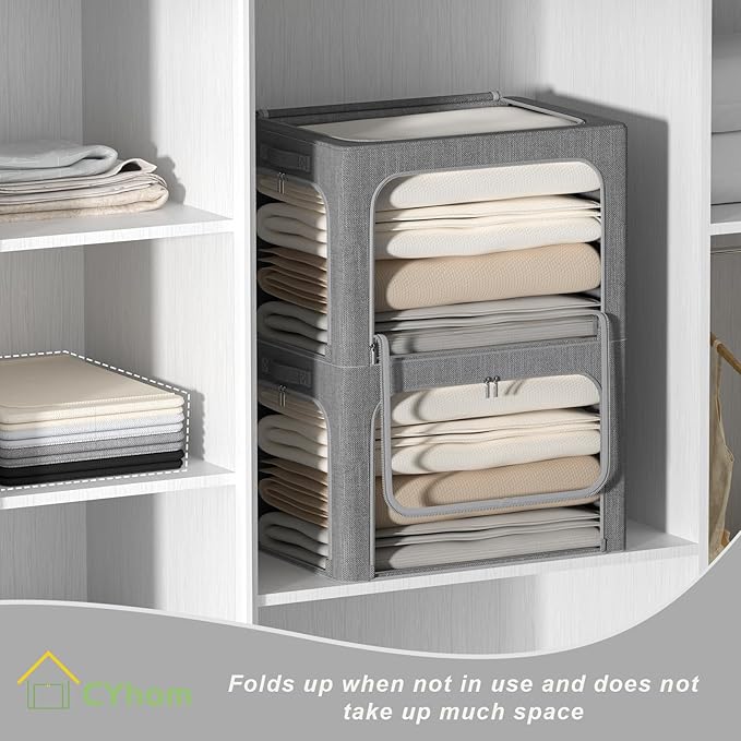 3 Openings Clothes Storage Bins Box - 3Pack Stackable Foldable Storage Bin - Metal Frame Storage Box Clothing Storage Organizer with Clear Window, Carry Handles (66L-19.7x15.7x13in, Drak Grey)-NeatNest
