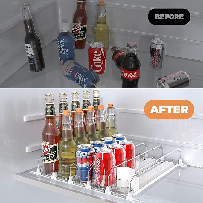 5 Rows Drink Organizer for Fridge, 15'' Soda Can Dispenser for Fridge with Pusher Glide, Width Adjustable Fridge Can Organization Hold Up to 25 Cans (White)