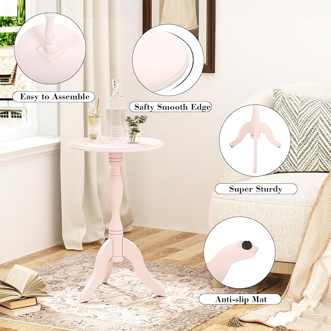 HLR Round Small End Table, Wooden Pedestal Side Coffee Tables, Vintage Accent Nightstand for Living Room, Bedroom, Entryway (2, Pink)