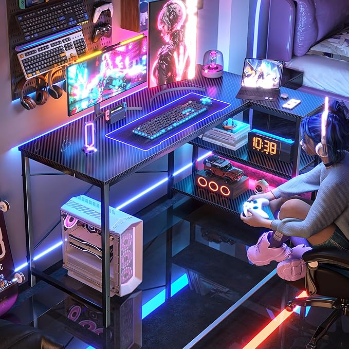 Huuger L Shaped Desk, 47 Inch Gaming & Home Office Desk with Reversible Storage Shelves, Metal Frame, Carbon Fiber Black-NeatNest
