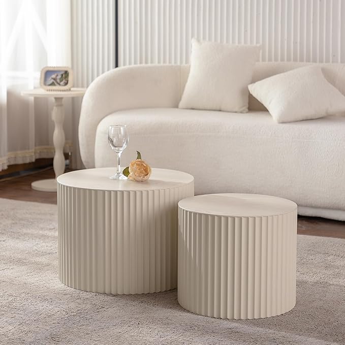 KEVINSPACE Nesting Coffee Table Set of 2 Circle CoffeeTable Modern NestingTables for Living Room Round Fluted Wooden CoffeeTabl No Need Assembly for Bedroom Balcony Lounge 33.86" Beige