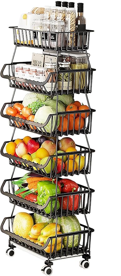 MURRI&MURRDI Fruit Vegetable Storage Baskets with Wheels, 6 Tier Stackable Wire Storage Baskets with Wheels Produce Basket for Kitchen Rack Storage Cart for Pantry Snack Cart (A Black 6 Layer)