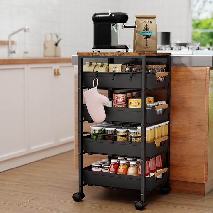 5-Tier Kitchen Storage Cart, Wood Top Rolling Cart Organizer with Pull-Out Baskets & Wheels, Metal Snack Cart with Holder for Fruit, Vegetable, Microwave, Kitchen, Pantry, Black