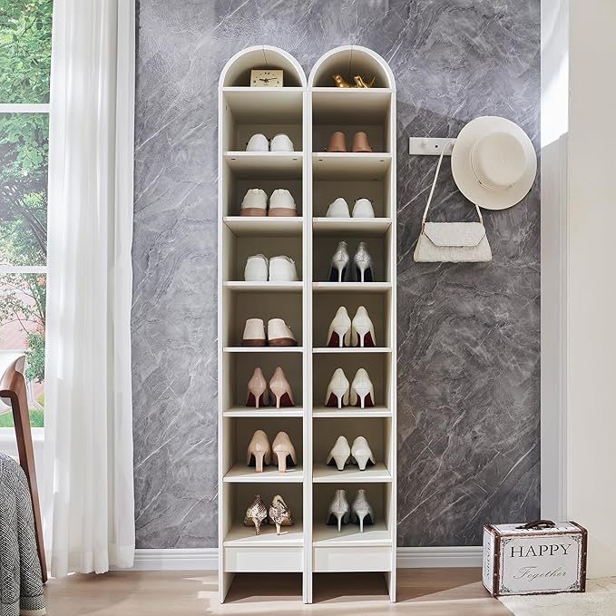 67" Tall Arched Shoe Storage Cabinet, 8 Tiers 8 Pairs Wooden Shoe Rack with 3 Adjustable Shelves, Freestanding Shoe Closet Shelf Organizer for Entryway, Hallway, Living Room (Antique White)-NeatNest