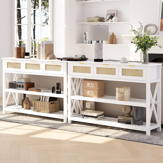 Console Table with 3 Rattan Drawers, Wooden Entryway Table with 3-Tier Storage Shelves, Display Shelf for Entryway, Hallway, Foyer and Living Room, White-NeatNest