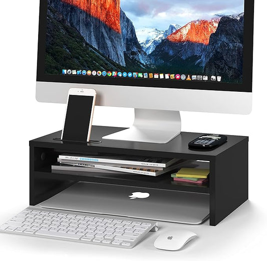 BONTEC Wooden Monitor Stand Riser, 2-Tier Desk Shelf with Storage Organizer, Ergonomic Computer Stand with Cable Management, Cellphone Holder, Black, 16.5 Inch-NeatNest