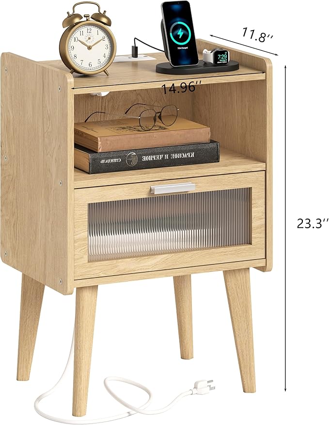 Nightstand with Charging Station, Bedside Tables with Glass Decorative Door, Natural End Table, Side Table with 2 Tiers Storage Space for Bedroom Living Room CAMLBZ07YE