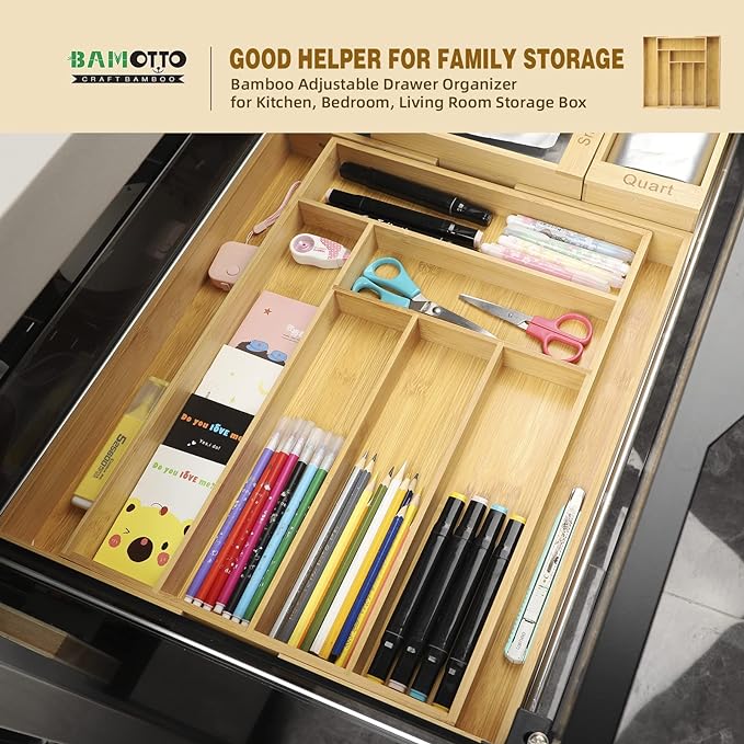 Expandable Bamboo Drawer Organizer – Large 20"x16.9" Size with Adjustable Dividers – for Kitchen Utensils, Knives, Cutlery, Flatware & Silverware Storage Tray-NeatNest