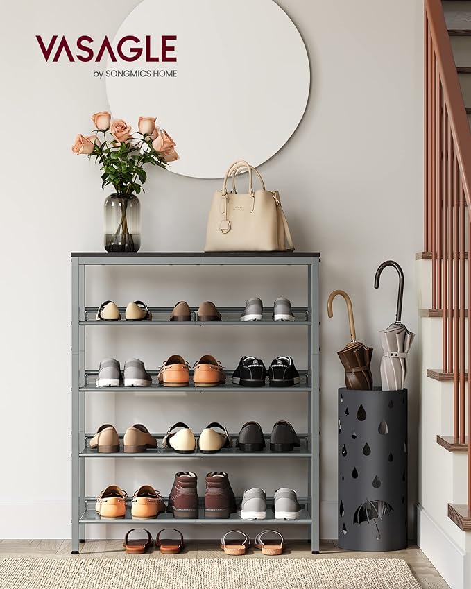 VASAGLE Shoe Rack for Entryway, 5-Tier Shoe Rack Organizer with Storage Shelves and Spacious Top, Freestanding, Adjustable, Industrial, Charcoal Grey and Metallic Silver ULBS038E22-NeatNest