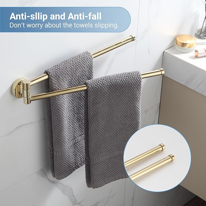 BGL Swivel Towel Bar for Bathroom Gold,Swing Out Double Towel Bar 2-Arm Kitchen Wall Mounted Towel Hanger Holder for Bathroom Organizer-NeatNest