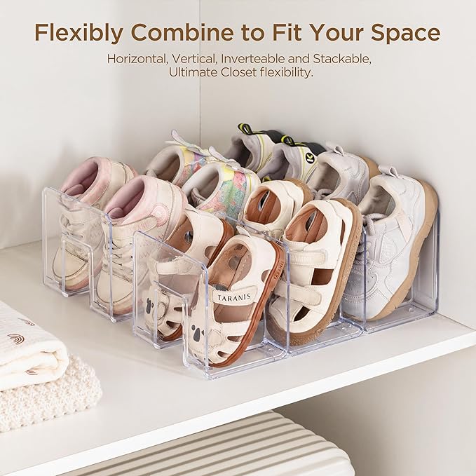 Widened 4.17 Inch Clear Acrylic Kids Shoe Rack for Closet Organizers and Storage 4 Pack, 3 Sections Small Toddler Baby Shoe Storage Organizer Shelf, Desk File Sorter Book Purse Organizer-NeatNest