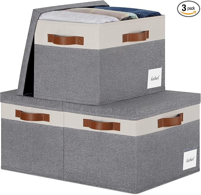 Extra Large Storage Bins with Lids, Foldable Fabric Storage Baskets with Lids, Sturdy Storage Boxes with Labels and 3 PU Handles for Closet Home Bedroom Office (32L, 3 Packs, Grey&White)-NeatNest