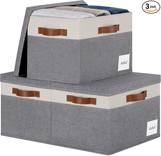 Extra Large Storage Bins with Lids, Foldable Fabric Storage Baskets with Lids, Sturdy Storage Boxes with Labels and 3 PU Handles for Closet Home Bedroom Office (32L, 3 Packs, Grey&White)-NeatNest