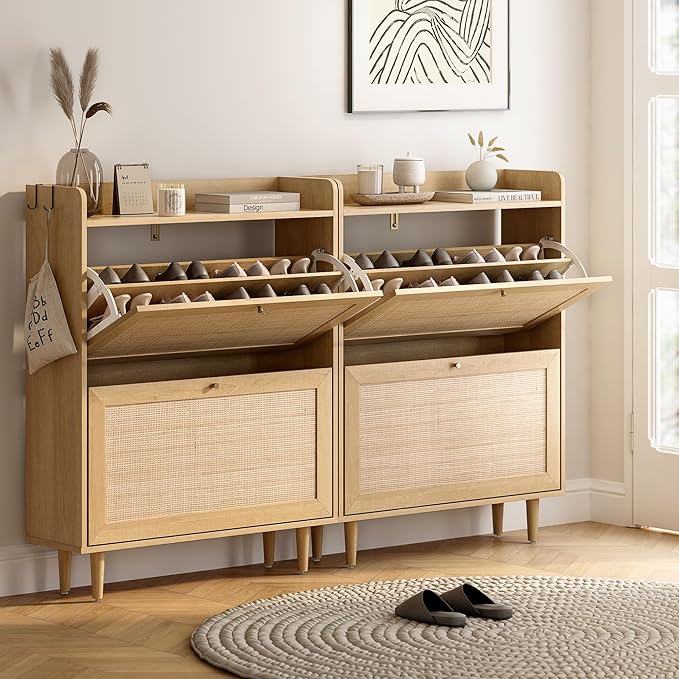 Rattan Shoe Cabinet Set of 2, Farmhouse Shoe Organizer with 2 Flip Drawers, Boho Wooden Hidden Slim Narrow Shoe Rack Cabinet for Entryway, Hallway, Natural Oak-NeatNest