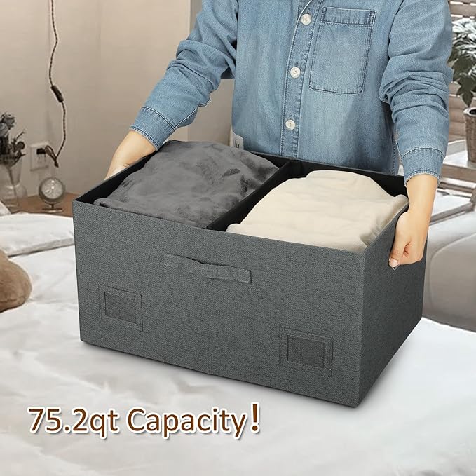 75 Quarts Extra Large Decorative Storage Bins with Lids, 3 Packs Dark Gray Collapsible Storage Bins with Lids, Stackable Storage Bins Decorative Box Storage With Lid Extra Large-NeatNest