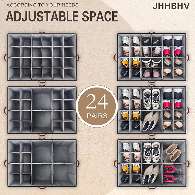 1 Pack Shoe Organizer for Closet, Adjustable Shoe Box Storage Containers, Large Foldable Shoe Bins with Clear Cover, Space Saving Shoes Holder with 4 Handles, Fits 12-24 Pairs, Black-NeatNest