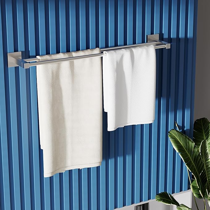 RUACQ Double Towel Bar, 24 Inch Bath Towel Rack for Bathroom, Square Base Hand Towel Holder, 304 Stainless Steel Towel Hanger Wall Mounted,Heavy Duty(Brushed Nickel)