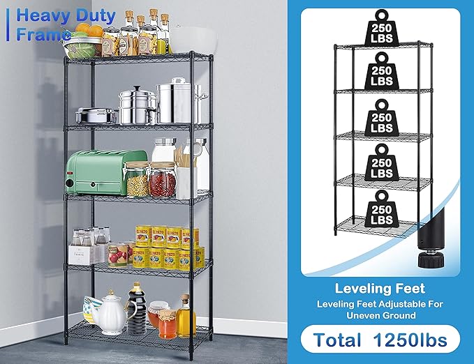 5-Tier Metal Wire Shelving Unit Snack Shelf Height Adjustable Storage Rack NSF Certified Storage Shelves 1250 Lbs Capacity Standing Utility Shelf for Laundry Kitchen Pantry Garage Organization