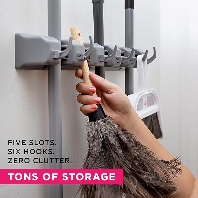 Berry Ave Broom Holder Wall Mount and Garden Tool Organizer, Closet Storage, Kitchen Rack, Home Organization and Garage Organizer for Rake or Mop Handles Up to 1.25-Inches, Hanger Plus 6 Hooks (Grey)-NeatNest