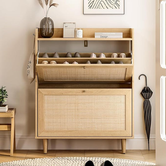 Rattan Shoe Cabinet with 2 Flip Drawers, Mid Century Modern Shoe Organizer, Boho Wooden Hidden Slim Narrow Shoe Rack Cabinet for Entryway, Hallway, Natural Oak-NeatNest