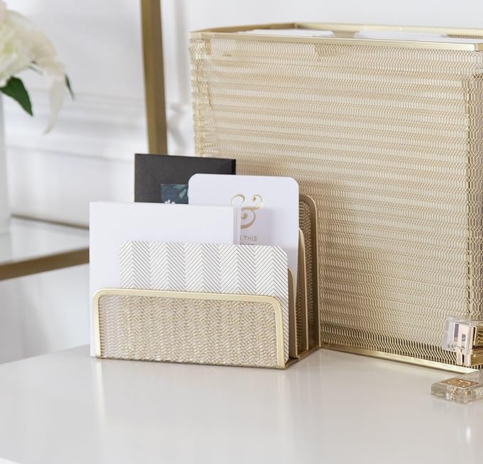 BLU MONACO Gold Mail Organizer for Desk - Mail Holder Countertop - Gold Metal Mesh Letter Sorter & Envelope Holder-NeatNest