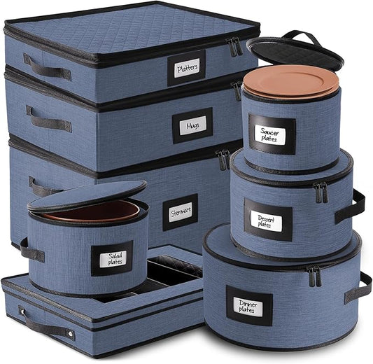 Fine China Storage Containers, 8 Piece Quilted Dish Storage Containers for Flatware & Utensil, Mug, Platter and Wine Glass with Felt Dividers, Durable Dinnerware Dish Organizers for Moving, Blue-NeatNest