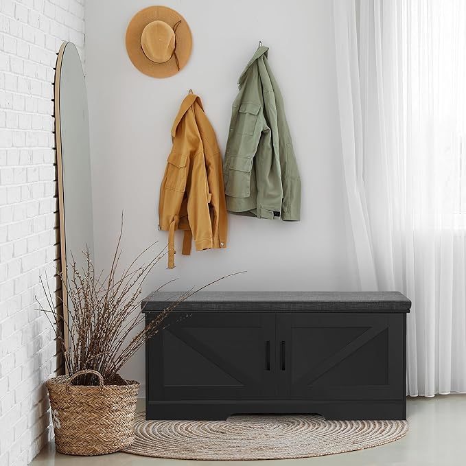 2-Tier Storage Bench, Shoe Bench with Padded Seat Cushion, Entryway Bench with 2 Barn Doors, Adjustable Shelf, 13.8" D x 39.4" W x 17.7" H, for Entryway, Living Room, Bedroom, Black-NeatNest