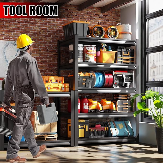 5-Tier Metal Garage Shelving, Heavy Duty Shelving 3500LBS Adjustable Garage Shelves,Utility Rack Large Industrial Shelves for Basement, Warehouse, Easy Assembly, Black 72''H x 59.1''W x 19.7''D