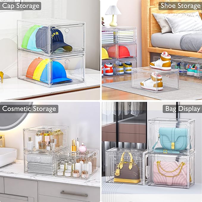 7 code Large Clear Shoe Boxes Organizer【Thicker Material】 Stronger Shoe Box with Magnetic Door, Stackable Shoe Storage Box for Closet, Foldable Space-Saving Storage Bins Shoe Cabinet, White 9 Pack-NeatNest