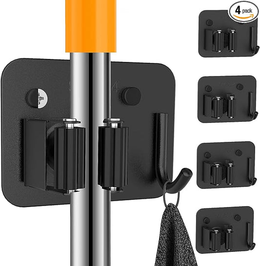 4 Pack Stainless Steel Broom Holder Wall Mount with Hook, Screw Drilling Broom and Mop Organizer Wall Hanging, Heavy Duty Storage Rack for Laundry Garage Closet Garden Tool Organizer, Black-NeatNest