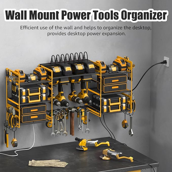 CCCEI Yellow Power Tool Organizer Wall Mount, Large Tools and Battery Storage Rack Charging Station Individual Switches. Drills Holder, Garage Utility Shelves with 6FT Power Strip. Gift for Men.-NeatNest