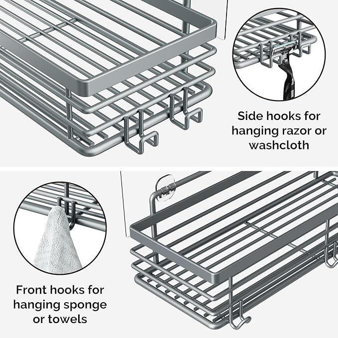 Orimade Shower Caddy with 5 Hooks for Hanging Razor and Sponge Adhesive Shower Shelf Basket Bathroom Storage Organizer Kitchen Rack No Drilling Stainless Steel Rustproof - 2 Pack, Light Blue Grey